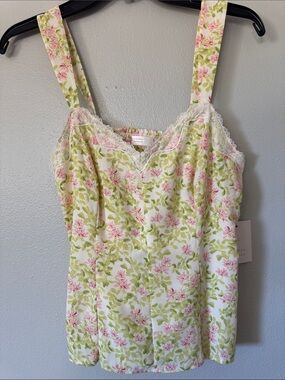 LC Lauren Conrad Cream Floral Smocked Tank with Pink & Green Print